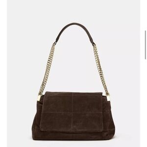 Zara Dark Brown Suede Shoulder Bag with Gold Chain